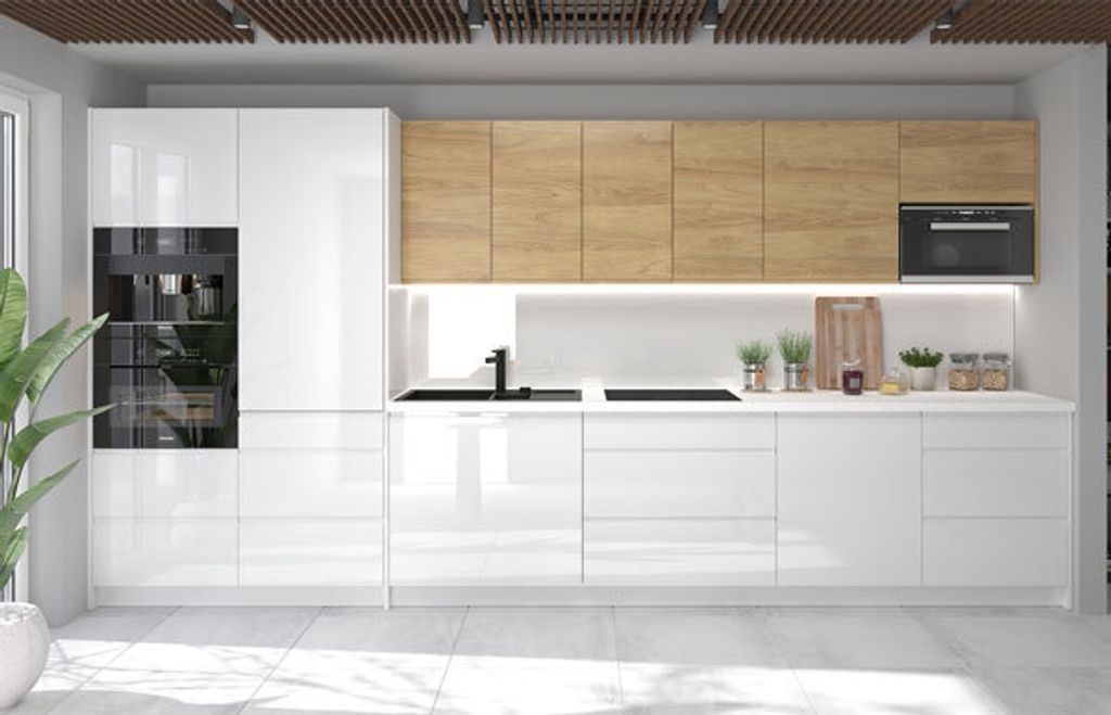 Küchenzeile CARINI mit Arbeitsplatte 406cm HETTICH Vollauszug weiß Front Hickory Natur weiß Hochglanz