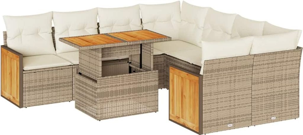 vidaXL 9-tlg. Garten-Sofagarnitur mit Kissen Beige Poly Rattan Akazie