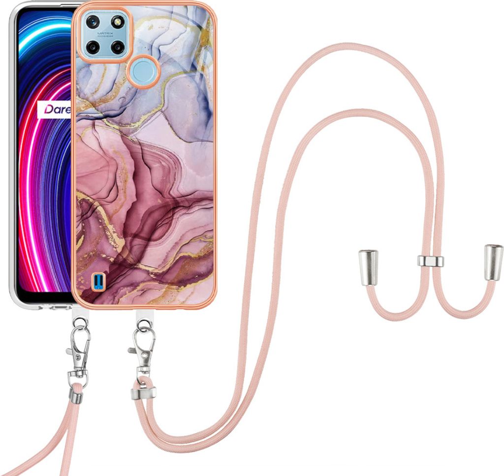 OPPO Realme C21Y Handykette Hülle, Muster TPU Bumper Schutzhülle mit verstellbarem Tragegurt für OPPO Realme C21Y C25Y Rosa