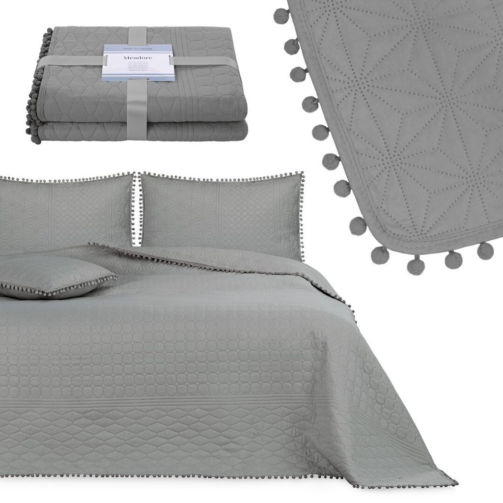 Tagesdecke Wohndecke Pompons und Steppung Wendefunktion dunkelgrau - 170 x 210 cm