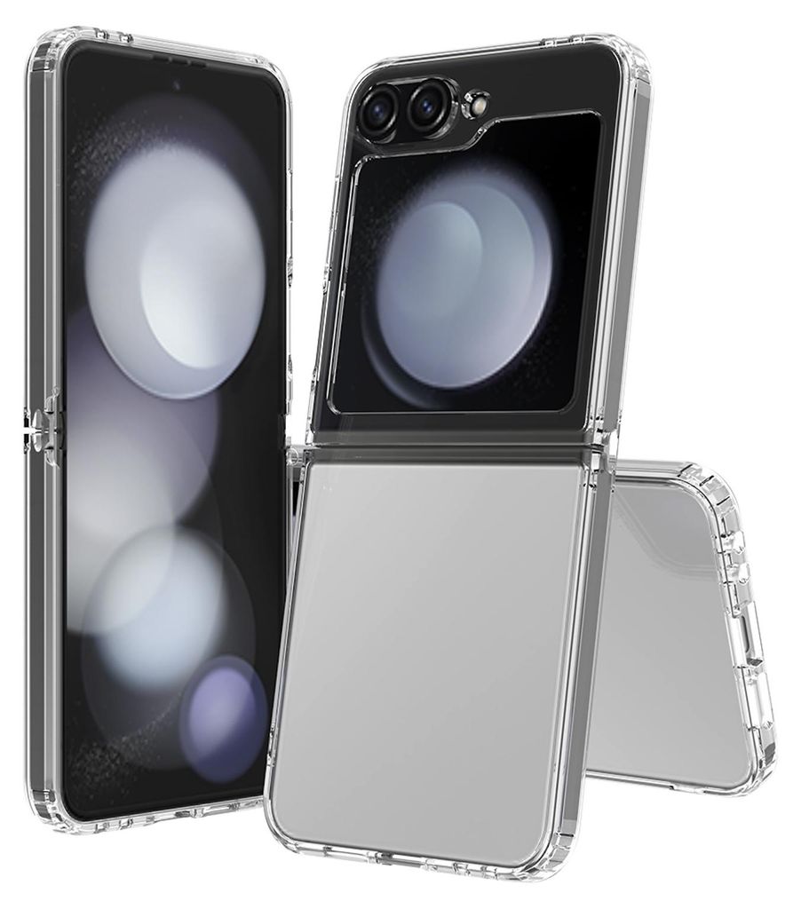 A clear studio shot of a transparent phone case for a foldable phone.