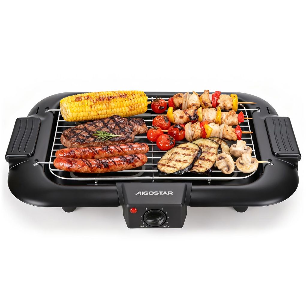 Aigostar - Rauchfreier Tischgrill Barbecue Elektrogrill Elektrischer, Antihaftbeschichtete Grillfläche , Abnehmbarer Fettauffangschale, 2000W