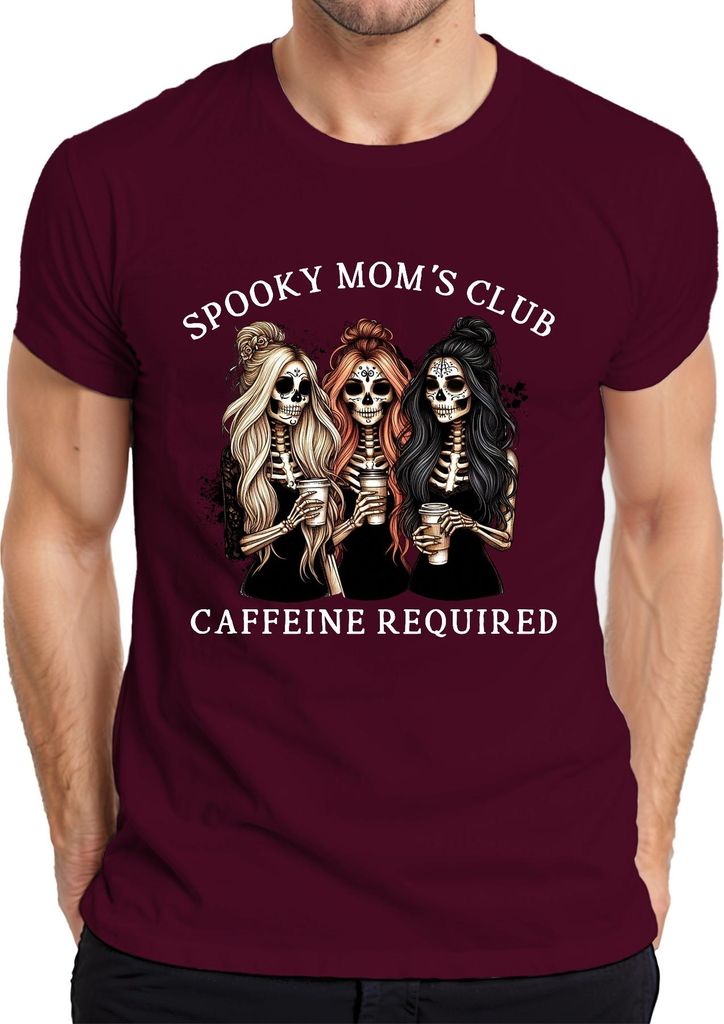 Spooky Moms Club Kaffee Mama Halloween Skelett Gothic Kaffeeliebe Herren T-Shirt, Burgundy, 3XL
