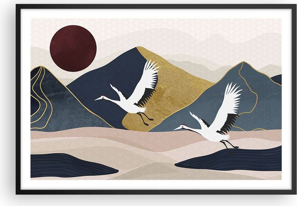 Gerahmtes Poster - Schwarzer Rahmen - Kraniche Berge Sonne - 91,5x61 cm - Wand Bild - Wanddeko - Wandbilder - Kunstposter - Wandposter - Bilderrahm...