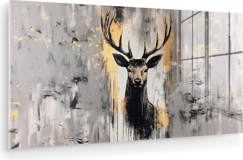 MuchoWow Glasbilder - Bilder auf Wandbild - Foto auf Glas Abstrakt - Hirsch - Geweih - Gold 120x60 cm Wanddekoration aus Glas - Acrylglasbild - Acr...