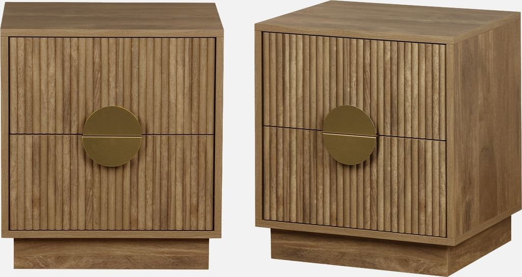 Two matching bedside tables with a fluted wood design and a circular brass handle are displayed against a white background.