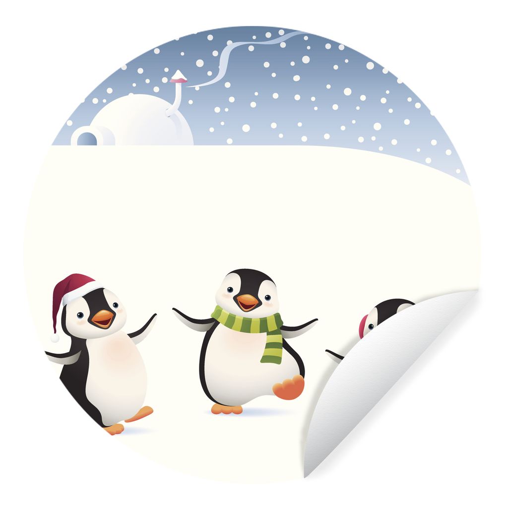 MuchoWow Runde Wandtattoo - Wandsticker Tapete Aufkleber Illustration mit drei im Schnee tanzenden Pinguinen Ø 50 cm Selbstklebend und Repositio...