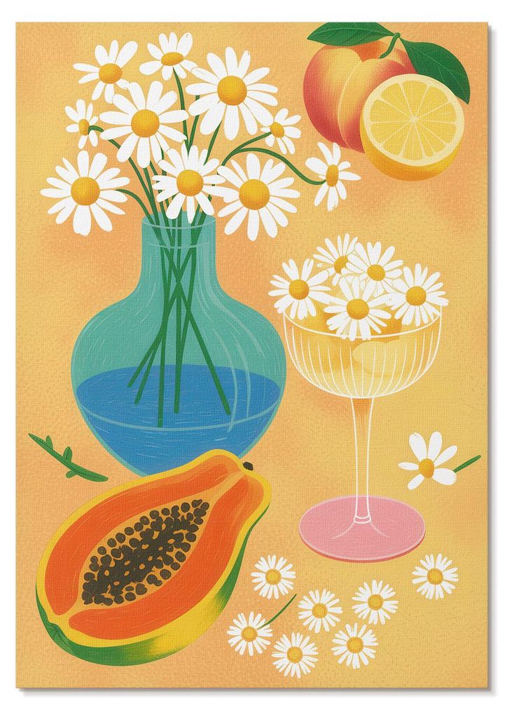 POSTER - 29x42 cm (A3) - Carpe Diem - Saftige Früchte, bunte Gänseblümchen, illustrativer Stil - Wandbild für Wohnzimmer Schlafzimmer & Flur, M...