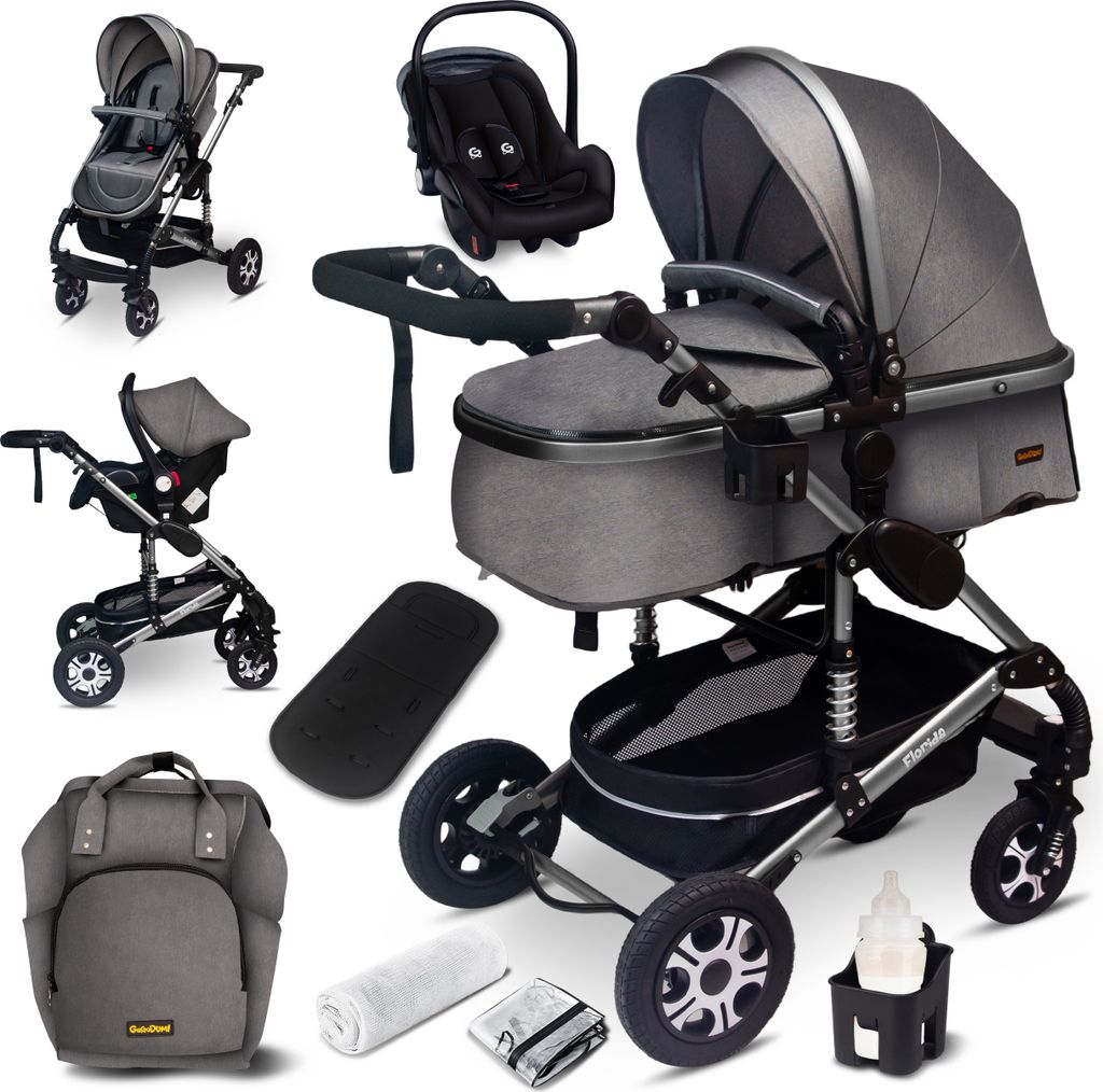 GaGaDumi Florida Kinderwagen 3 in 1 Komplettset mit Autositz - Baby Stroller - Kombikinderwagen 3 in 1 Komplettset Voll-Gummireifen - Wickeltasche