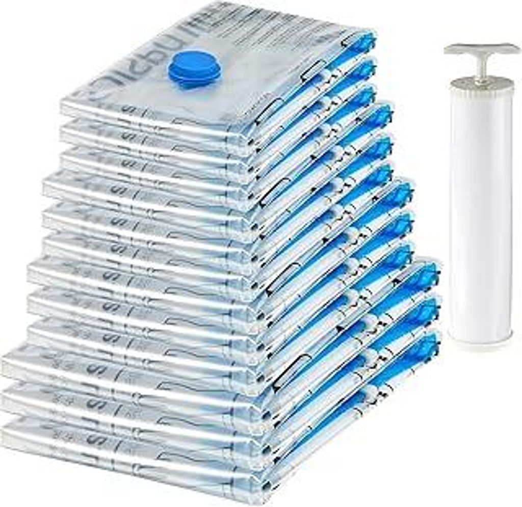 Vakuumbeutel für Kleidung mit Luftdichtem Ventil und Handpumpe - Mehrere, 3 x Jumbo, 3 x Groß, 3 x Mittelgroß, 3 x Klein, 12er-Pack, Reißversch...