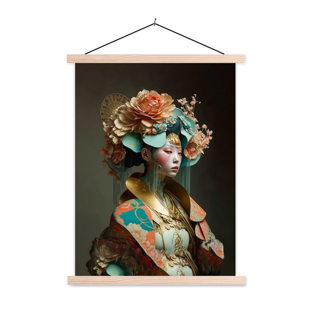 MuchoWow Textilposter Frau - Blumen - Orange - Porträt - Asiatisch 40x53 cm mit holzfarbenen Rahmen - Schlafzimmer