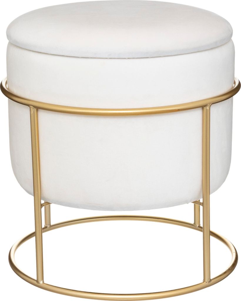 A white velvet storage ottoman with a gold metal frame, shown against a white background.