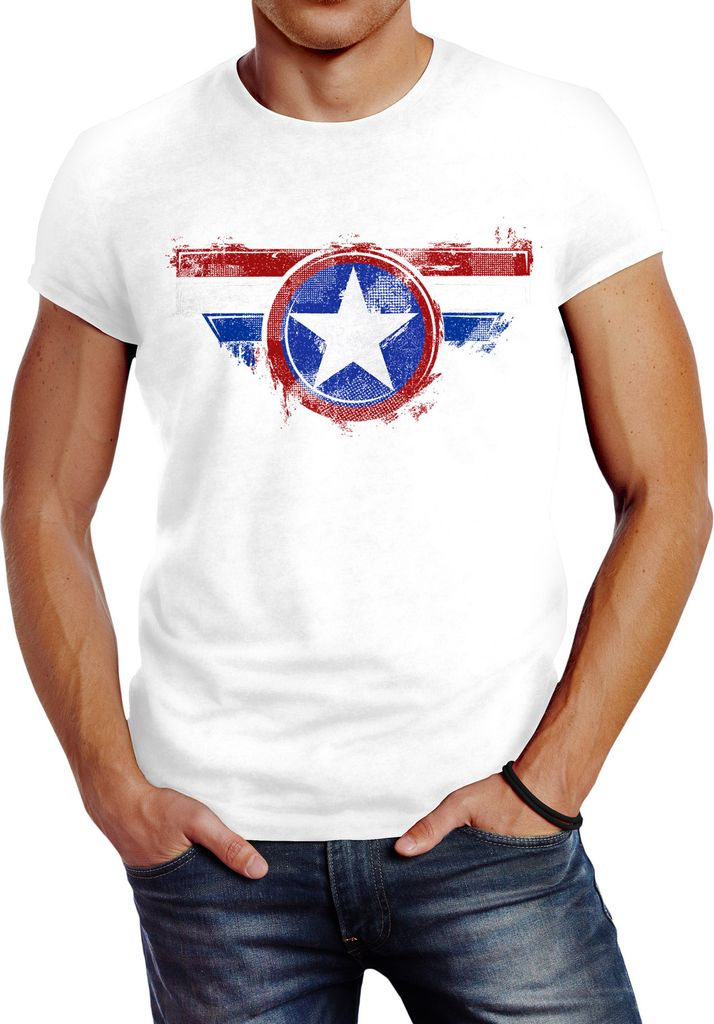 Herren T-Shirt Amerika Flagge Stern Roger Captain Slim Fit Neverless weiß XXL