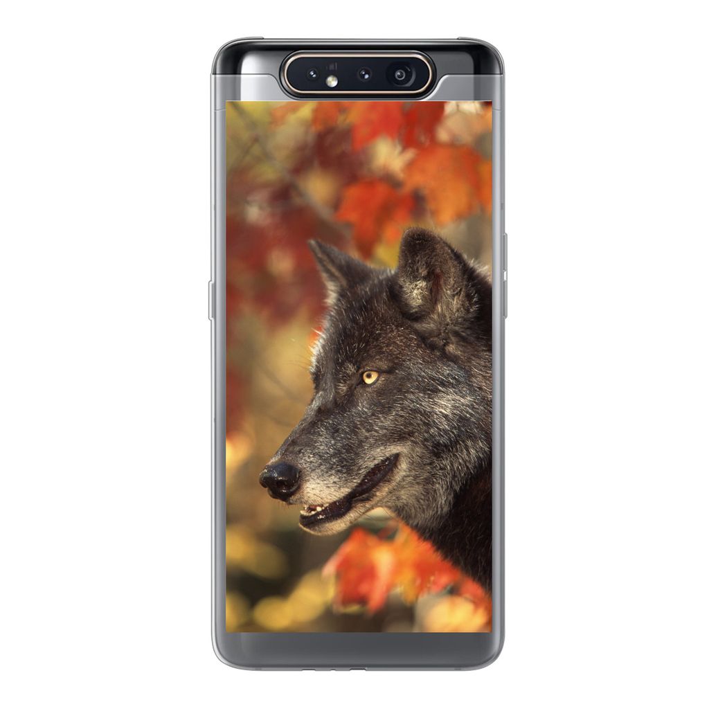 MuchoWow Handyhülle Schutzhülle Hülle für Samsung Galaxy A80 Wolf - Nahaufnahme - Blätter Silikon Softcase Handy Hülle - Schutzdeckel