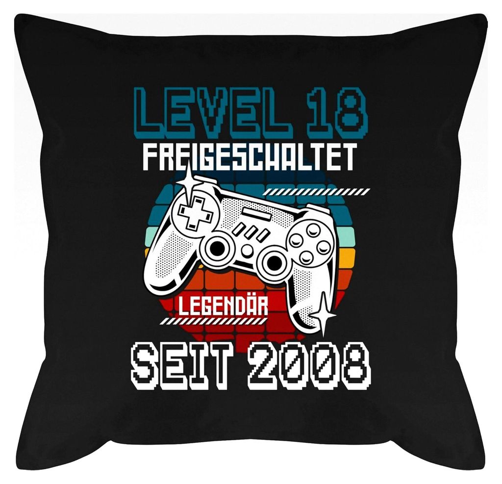 Kissen 50x50 - 18. Geburtstag Geschenkidee - Level 18 freigeschaltet seit 2007 - 50 x 50 cm - Schwarz - Geschenk zum 18. Geburtstag für Jungen