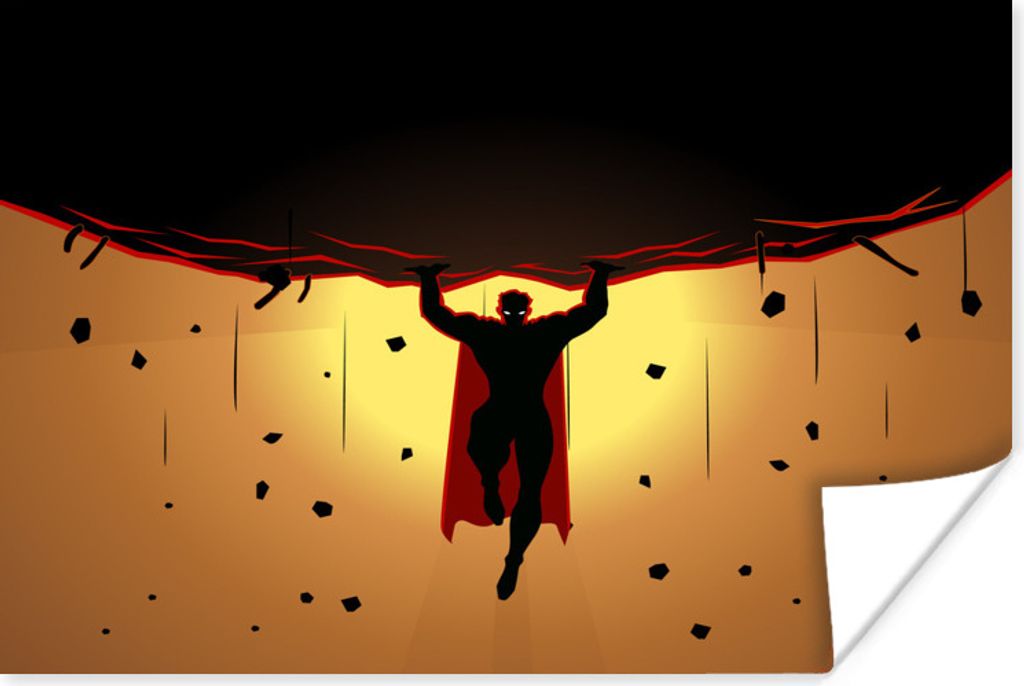 MuchoWow Poster Kinderillustration eines Superhelden, der einen riesigen Stein anhebt 160x120 cm - Foto Plakat