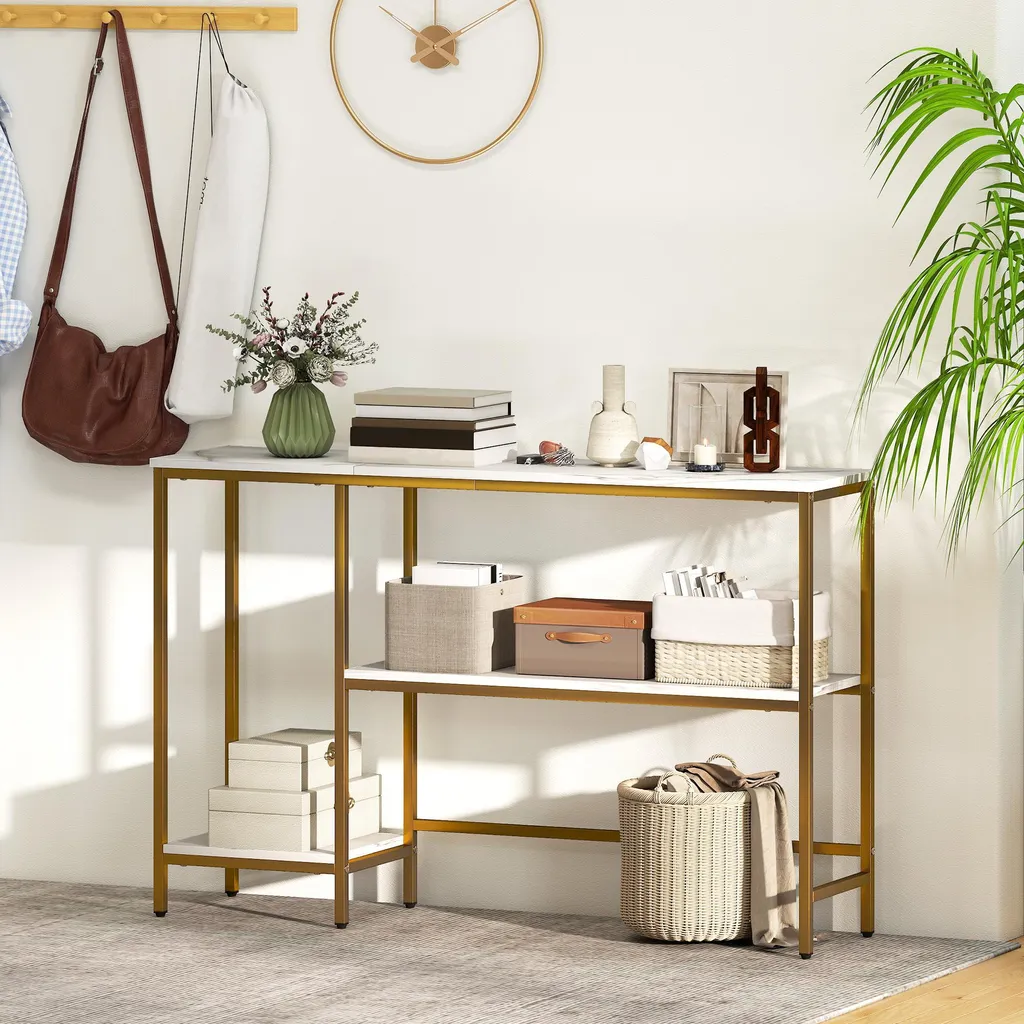 Console 120 cm gain de place : rangement chic blanc et doré marbre