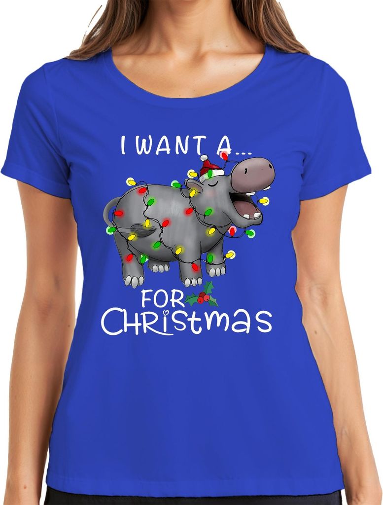 I Want A Hippo For Christmas Nilpferd Weihnachten Geschenk Lustig Damen T-Shirt, Blau, L