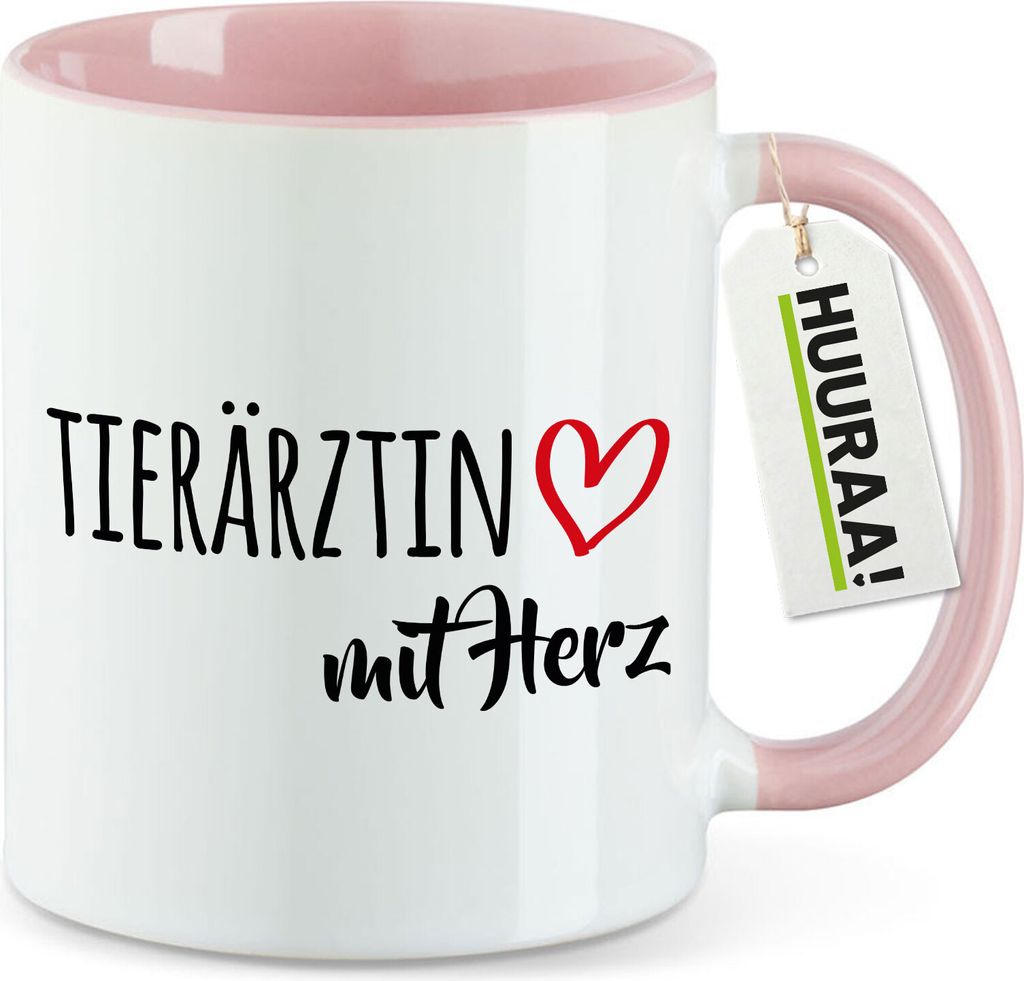 Huuraa Kaffeetasse Tierärztin mit Herz 330ml Rosa Keramik Kaffeebecher Geschenkidee