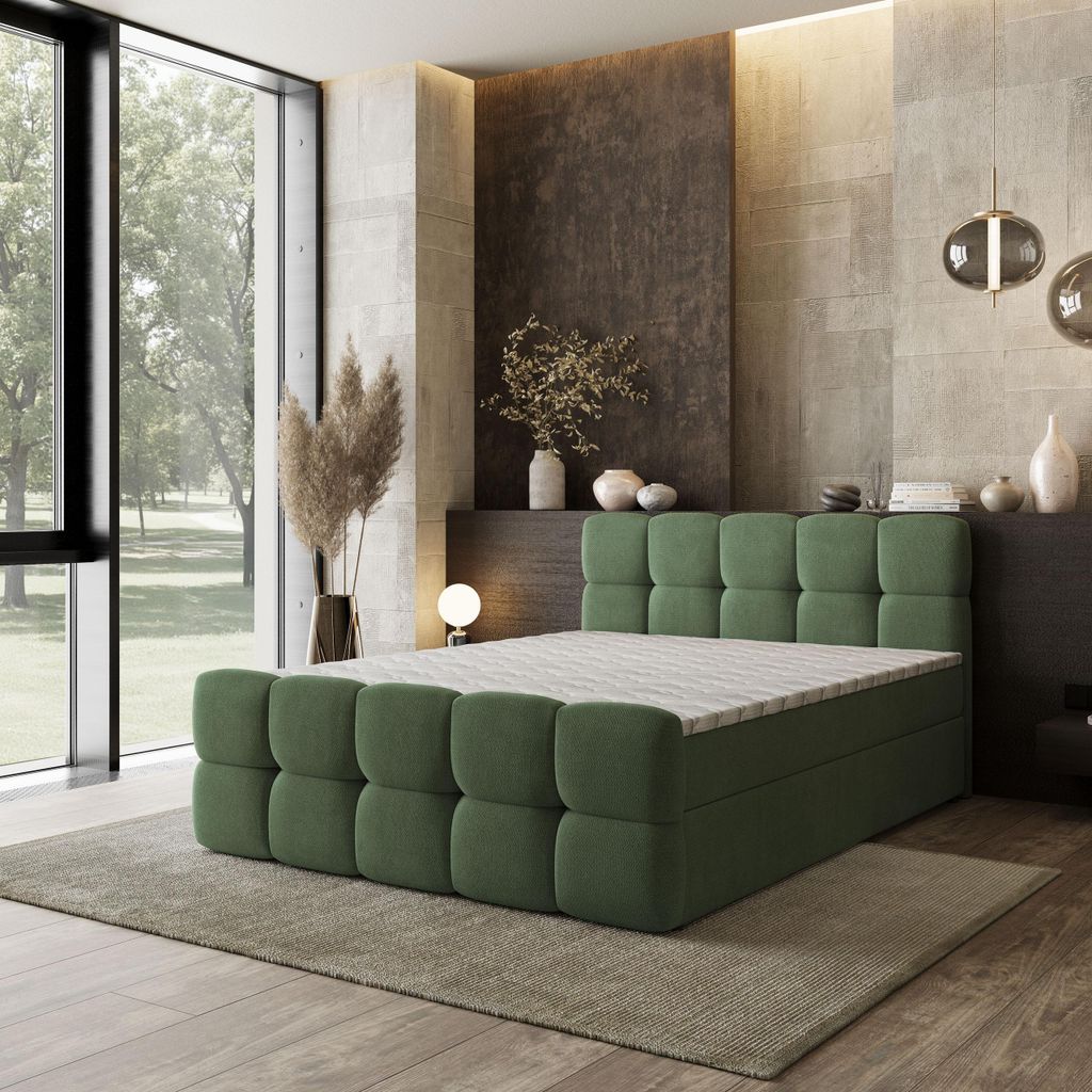Masseno Boxspringbett BRUME 180x200 cm Komplett-Set mit Bonell Matratze und Topper, Polsterbett mit Bettkästen -Grün, SORO 72