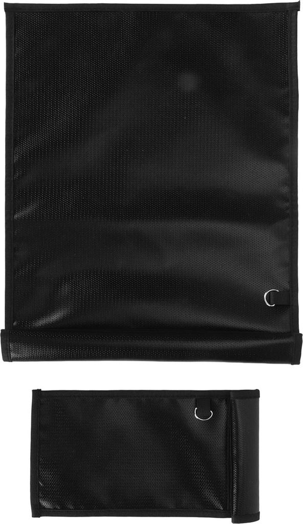 A black Faraday bag is shown in two configurations: unfolded and folded.