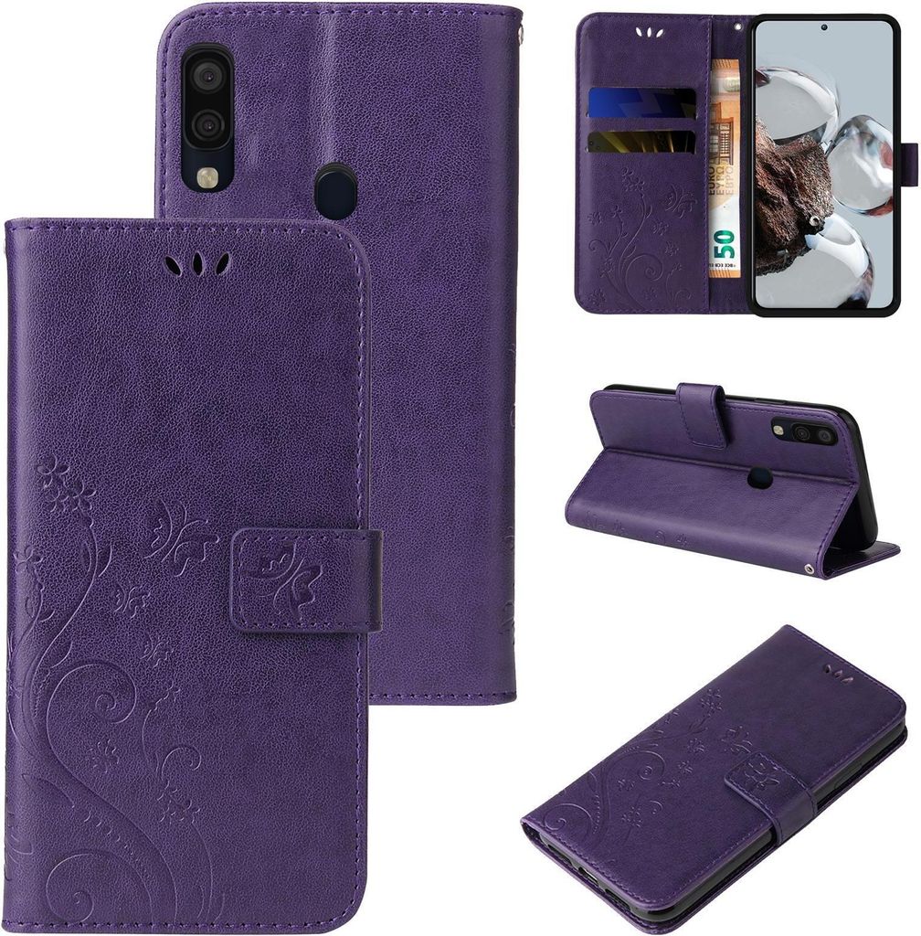 Handyhülle für Samsung Galaxy A40 Floral Blumen Schmetterling Flip Cover Hülle Case Klapphülle Handytasche Farbe: Violett