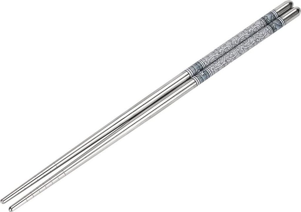 A pair of stainless steel chopsticks with decorative gray patterns.