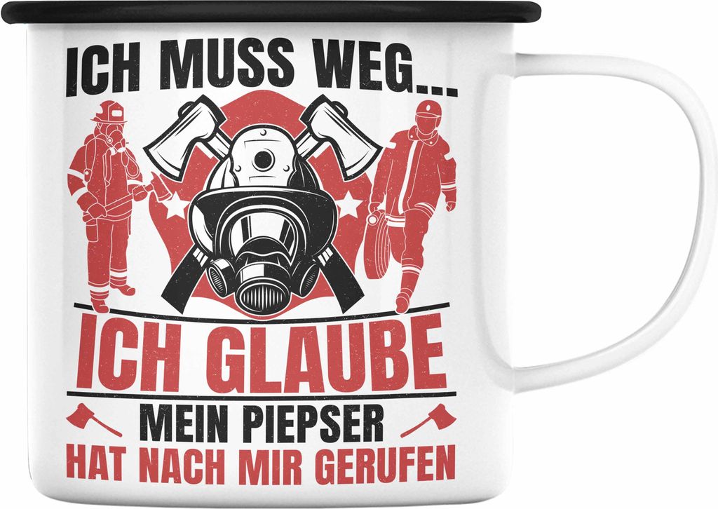 Trendation - Feuerwehr Spruch Geschenk Emaille Tasse Feuerwehrmann Geschenkidee Lustig Männer (Schwarz)