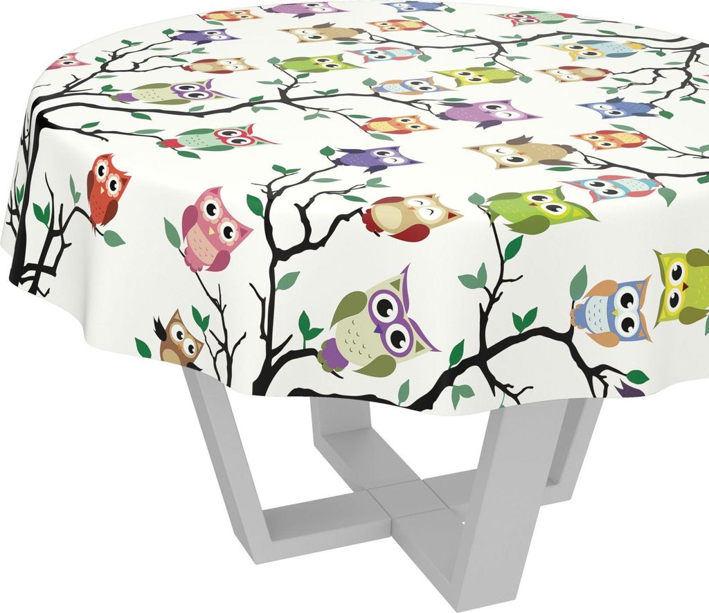 Tischdecke Kinder Eulen Bunt Rund 100cm Schnittkante Wachstuch abwaschbar