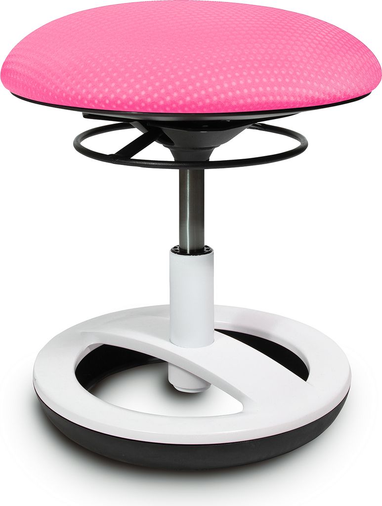 A pink and white adjustable stool.