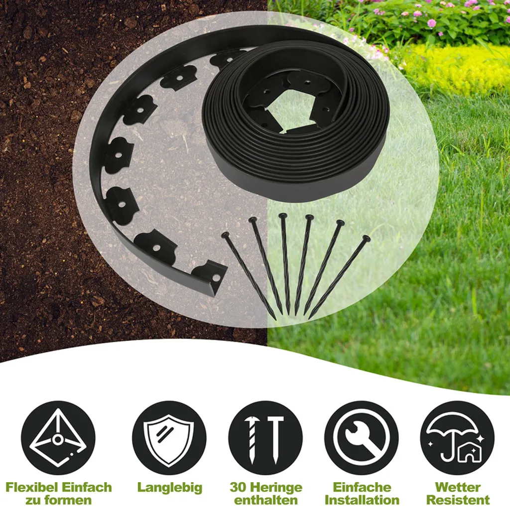 Bordatura da giardino in plastica da 20 metri con 40 picchetti