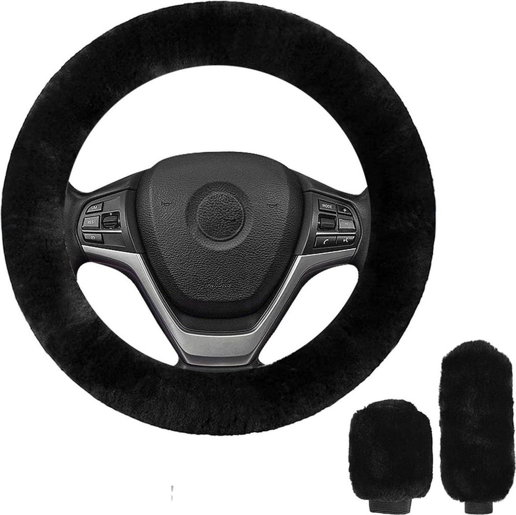 Schwarze Plüsch Auto Lenkradhülle Handbremse Getriebe Abdeckung, 36-39cm