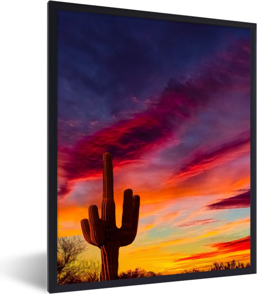 MuchoWow Gerahmtes Poster Kaktus - Himmel - Sonnenuntergang - Lila - Rosa 60x80 cm - Poster mit Schwarzem Bilderrahmen Wandposter Rahmen Foto Bil...