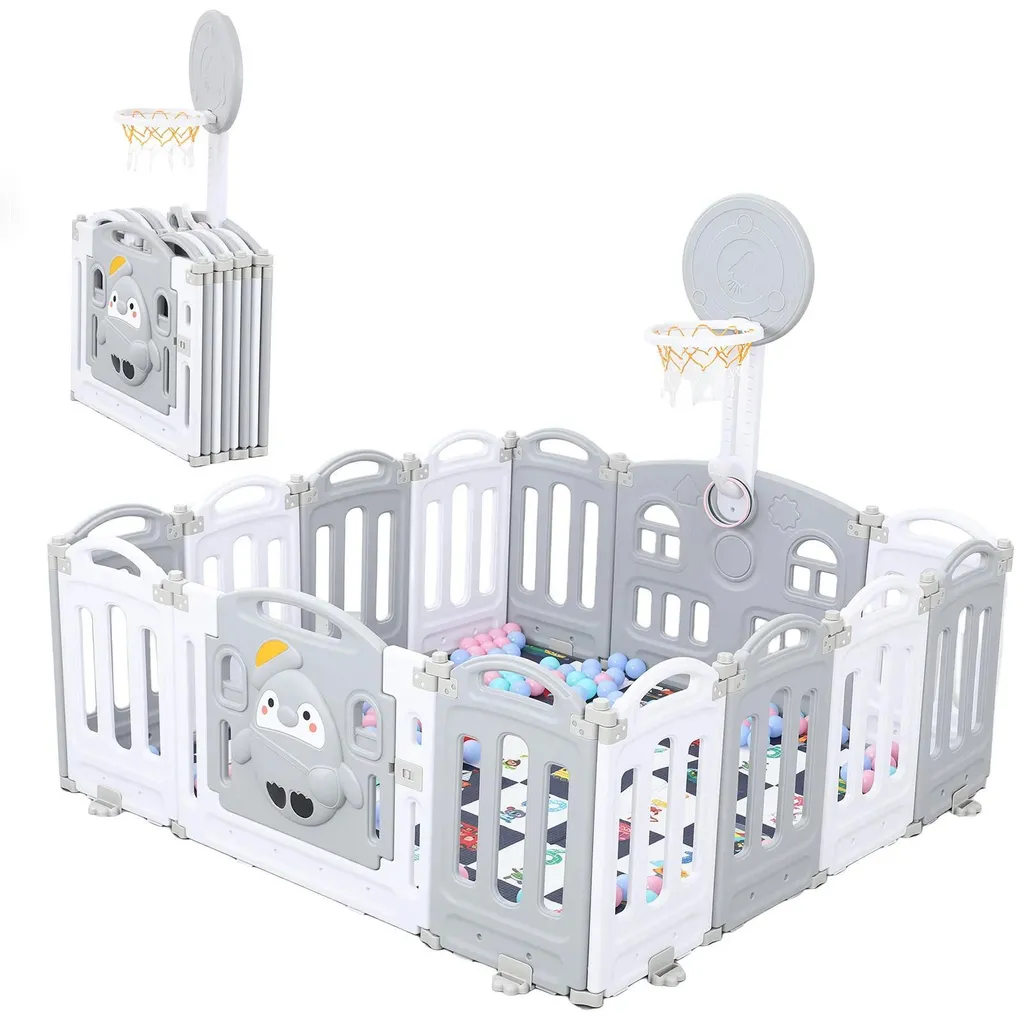 Parc bébé gris 150x150 avec porte zippée et panier de basket inclus