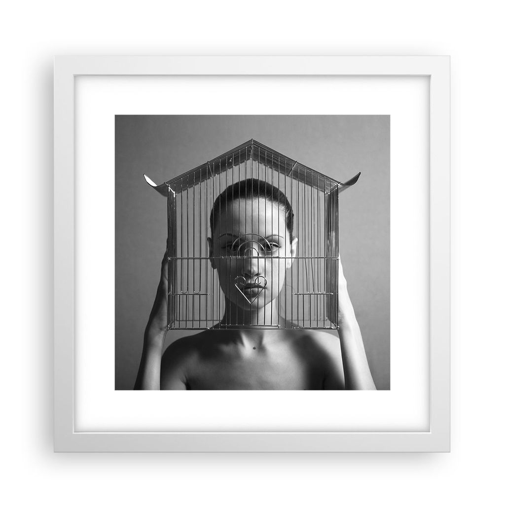 Gerahmtes Poster - Weißer Rahmen - Schwarzweiß Frau Käfig - 30x30 cm - Wand Bild - Wanddeko - Wandbilder - Kunstposter - Wandposter - Bilderrahm...
