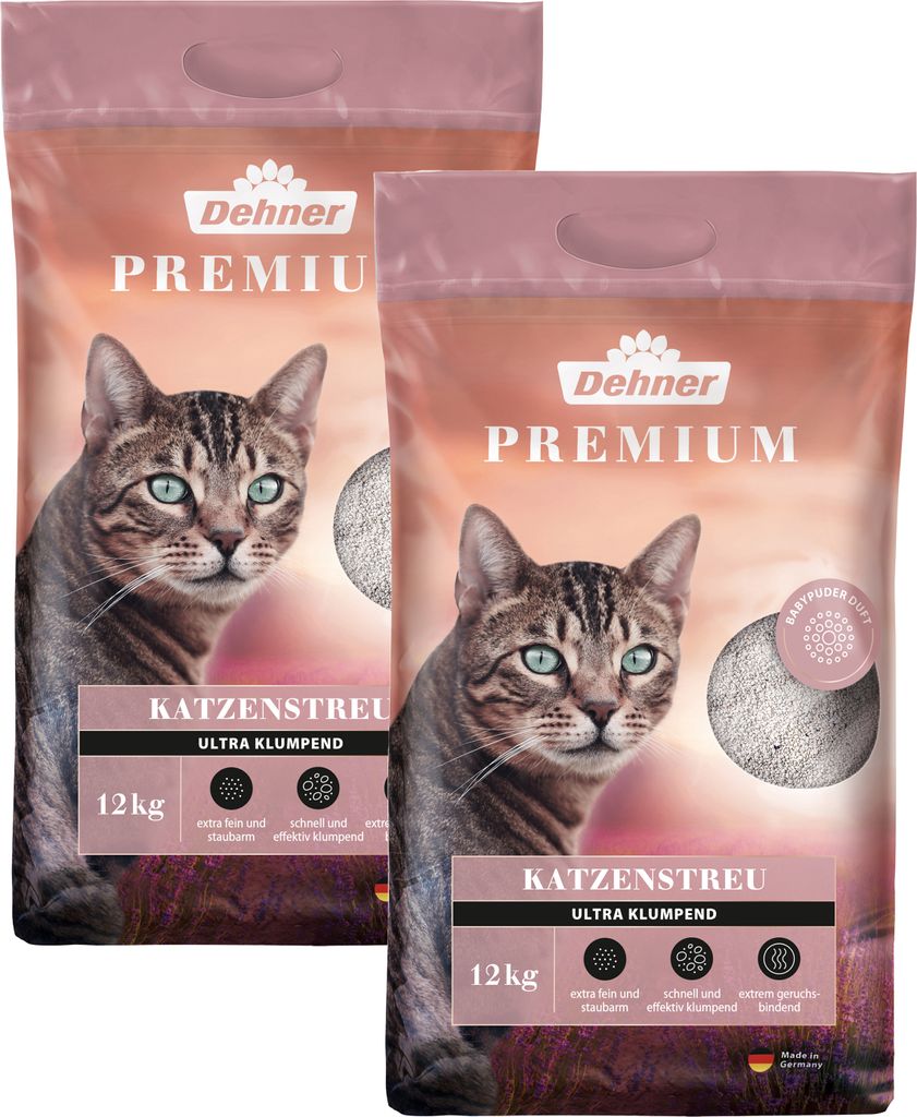Dehner Premium Katzenstreu Ultra mit Babypuder-Duft, klumpend, 100% Betonit, 2 x 12 kg (24 kg)
