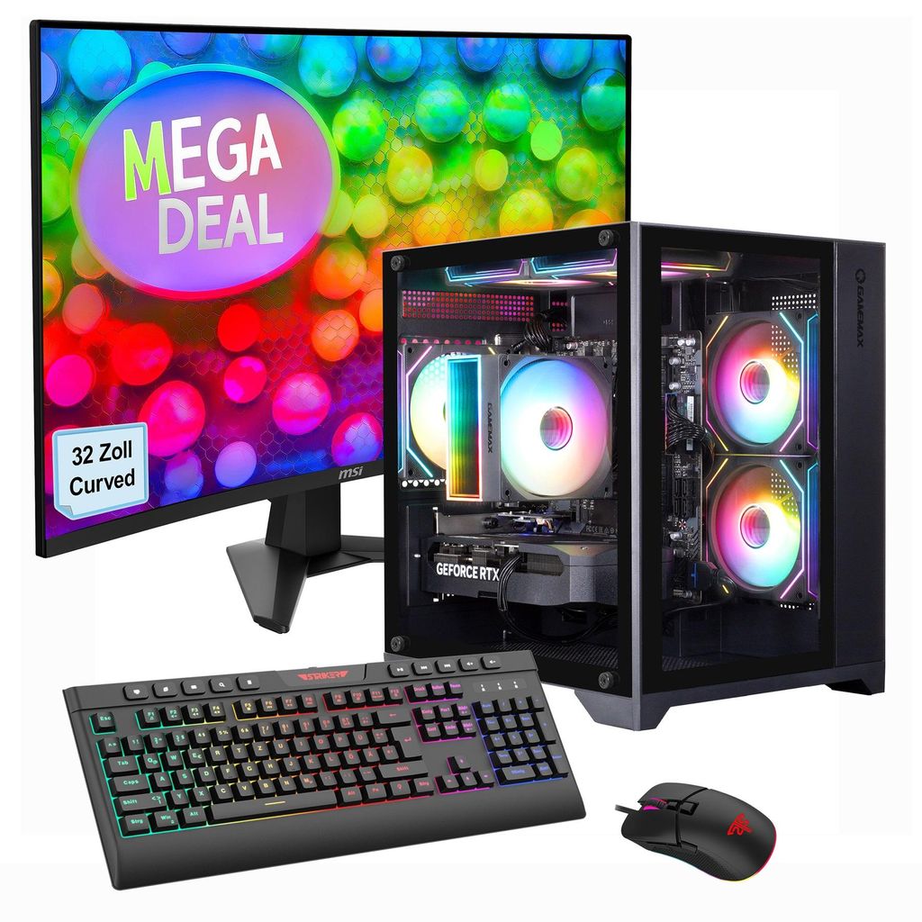 GAMEMAX Gaming-PC Infinity Mini BK Komplett SET Ryzen 5 7500F 32GB DDR5 1TB SSD RTX 5060 + MSI MAG 32C6 Monitor, Curved 80cm (32"), Maus, Tastatur