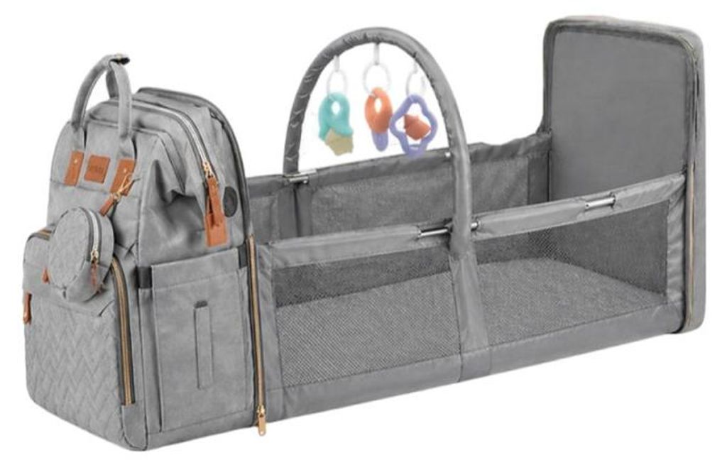 Verk 27815 Multifunktionaler Rucksack für Mütter mit Reisebett, USB-Anschluss, grau