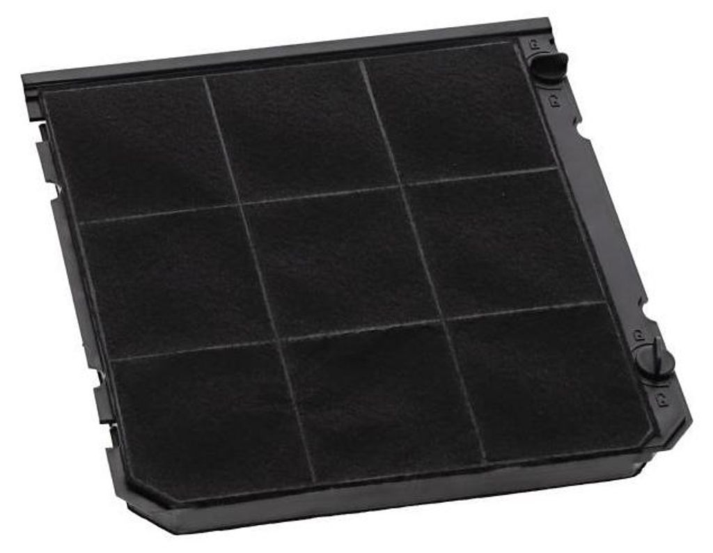 A black carbon filter for a kitchen appliance, shown from a diagonal angle.