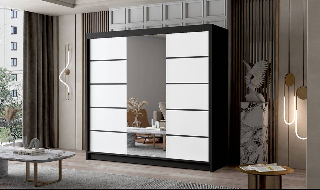 Schwebetürenschrank 3-türig Schrank 200 cm mit Regalen Moderne Kleiderschrank Garderobe für Kleidung Modell PANAMA VI SCHWARZ / WEISS