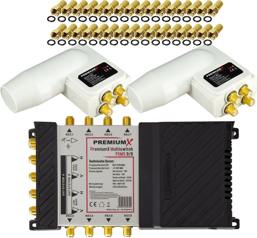 PremiumX Multischalter Set 9/8 SAT 2x Multifeed 3° Quattro LNB 32x F-Stecker