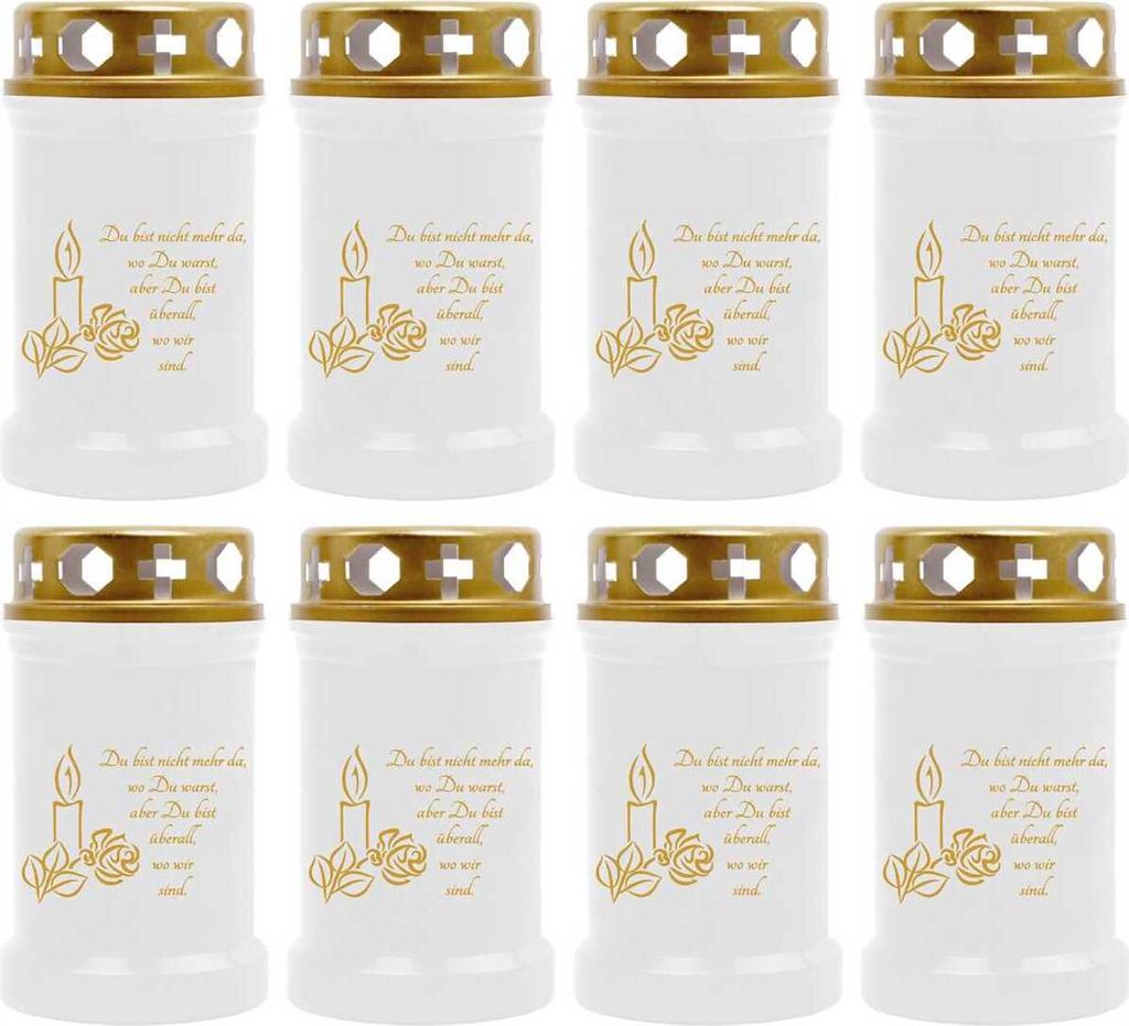 Grabkerze Weiß 8er Pack ( Druck Gold ), 40 Stunden/Kerze, Motiv: Kerze