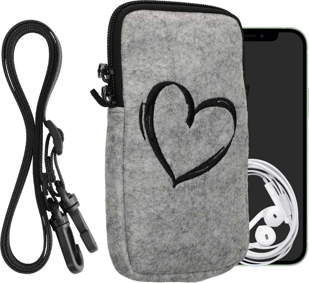 kwmobile Handytasche für Smartphones L - 6,5" - Filz Handy Hülle Schwarz Hellgrau - Handy Tasche mit Kette 16,5 x 8,9 cm Innenmaße - Herz Brush
