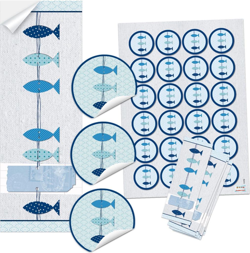 SET 25 + 24 blau türkis weiß 3 FISCHE Aufkleber - Symbol Taufe Kommunion Hochzeit - maritim Geschenk-Sticker Tischkarten Einladungs-Karten bastel...