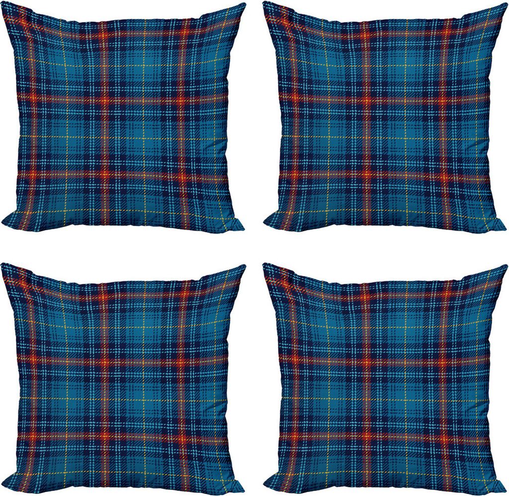 ABAKUHAUS Kariert Kissenbezug Set (4 Stück), Dünne Linien in Blau, Moderner Doppelseitiger Digitaldruck, 45 cm x 45 cm, Blau Marine-Blau-Rot