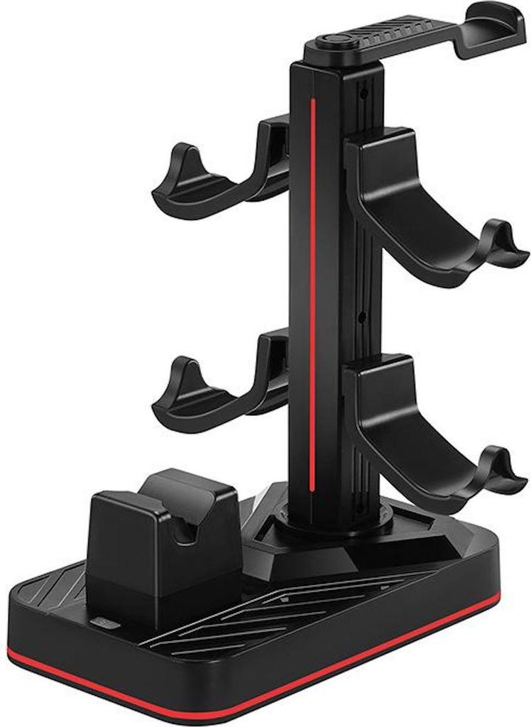A black and red charging station for Nintendo Switch Pro controllers.