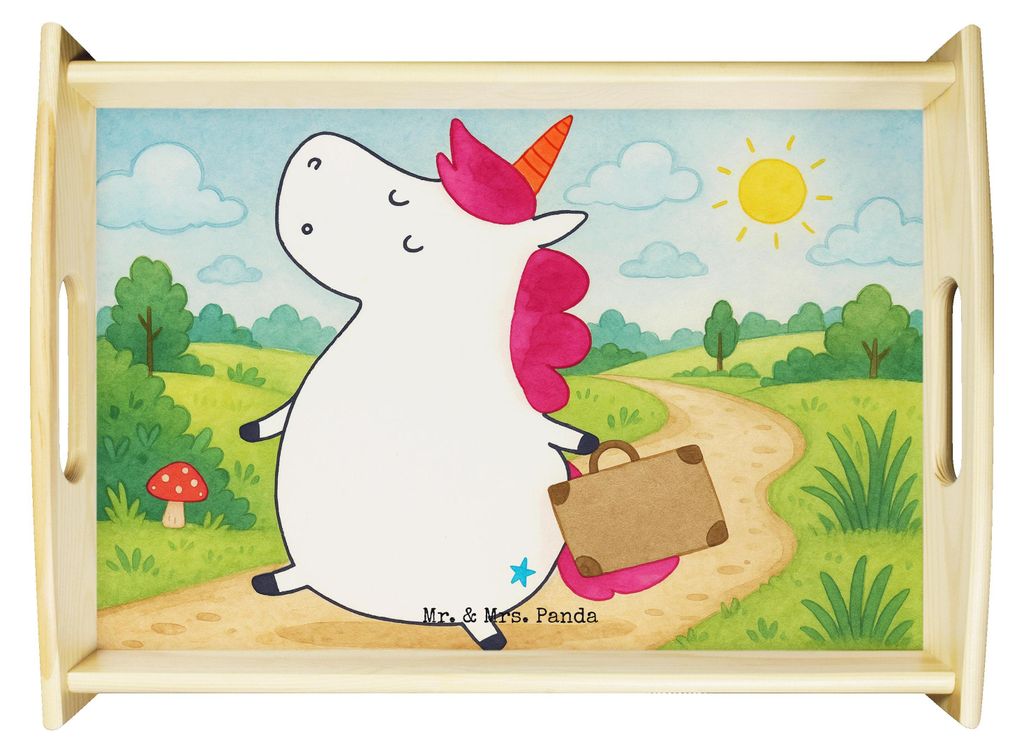 Mr. & Mrs. Panda Tablett Einhorn Koffer Design - Weiß - Geschenk, Servier, aus holz, Lustig, Abenteuer, Serviertablett, Holztablett, sofatablett, ...