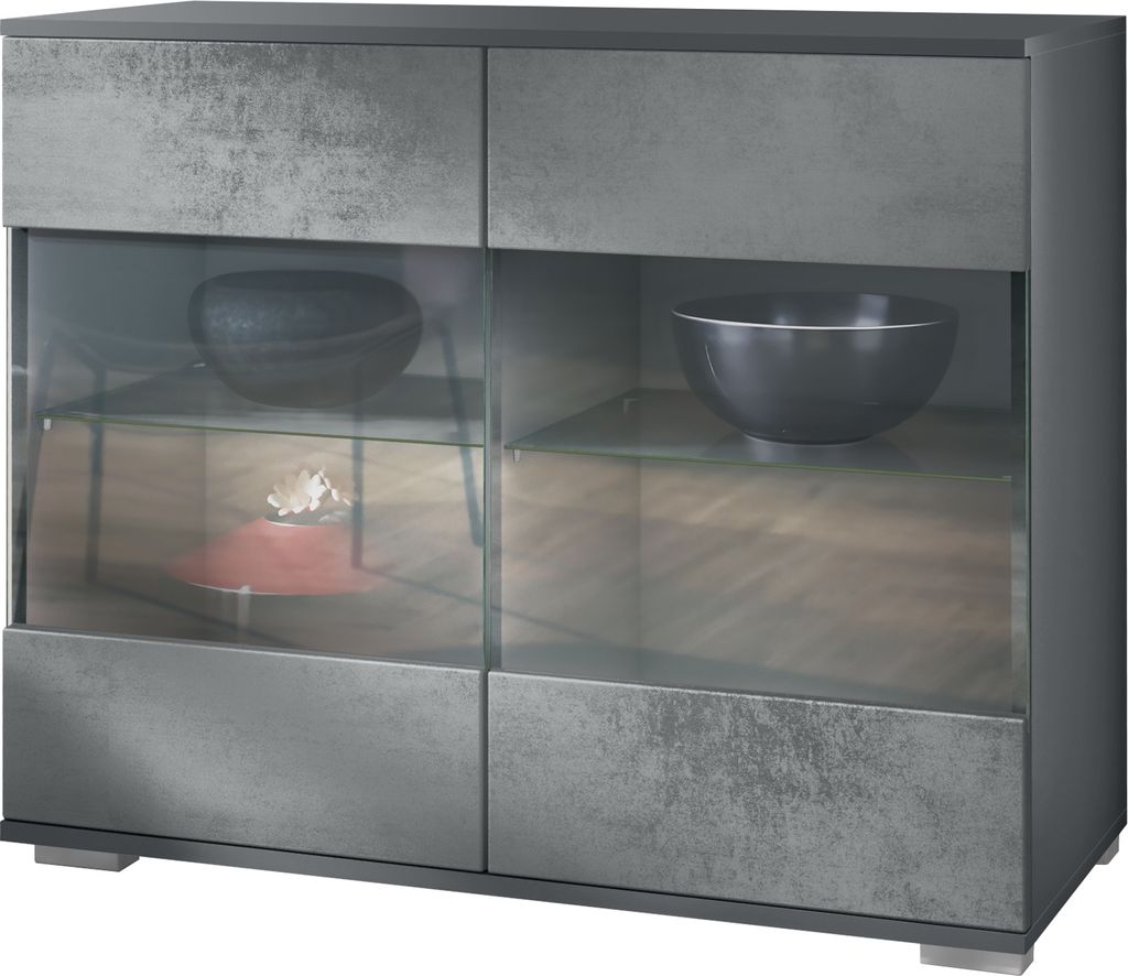 Vladon Kommode Bari V3, Moderner Küchenschrank mit 2 großen Glastüren inkl. RGB Beleuchtung Anthrazit matt / Beton Dunkel Optik (92,5 x 75.5 x 35)