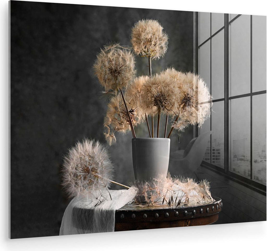 MuchoWow Glasbilder - Bilder auf Wandbild - Foto auf Glas Blumensamen - Löwenzahn - Vase - Stilleben - Blumenstrauß 40x30 cm Wanddekoration aus G...