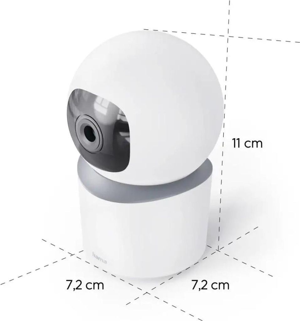 A white security camera with dimensions indicated.